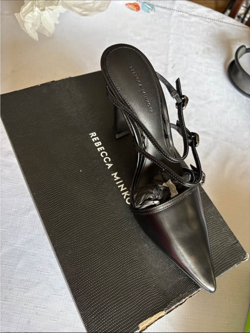 Rebecca Minkoff Black Pointed Slingback Heels with Buckle Straps